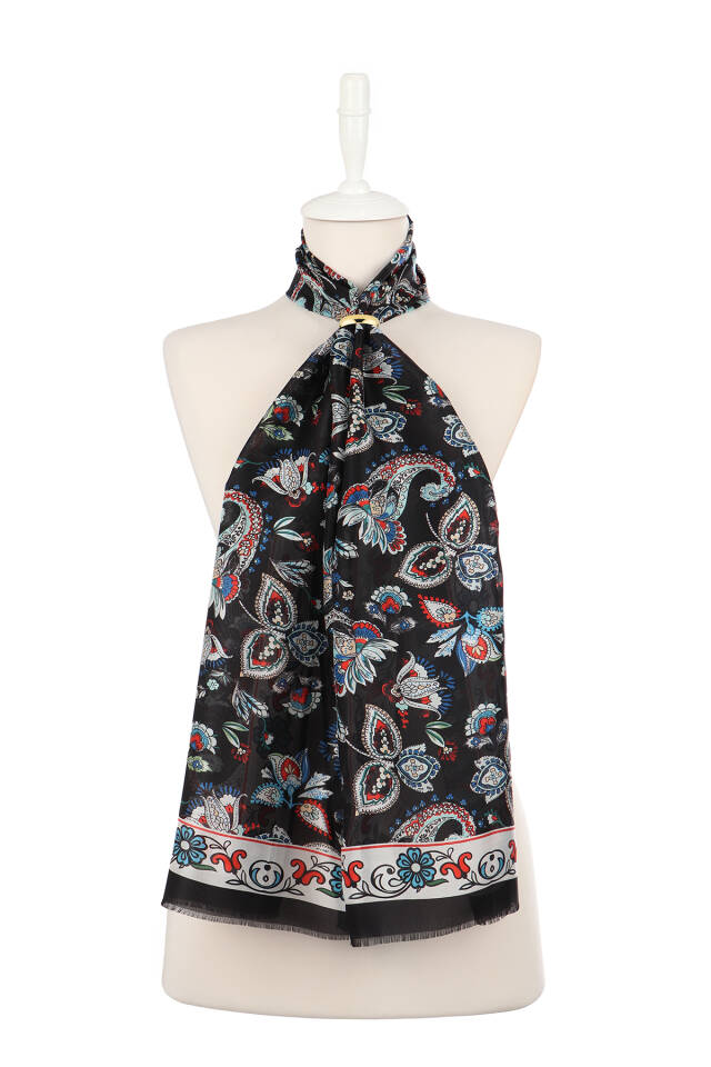 وشاح حرير فوال بنمط شال أسود - 2