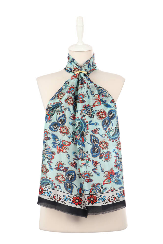 وشاح حرير فوال بنمط شال أخضر مائي - 2