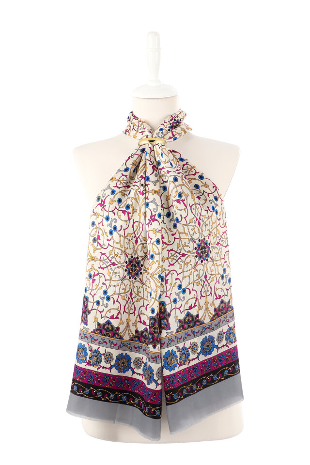 وشاح حريري ضيق بنقشة اللبلاب الرمادي - 2