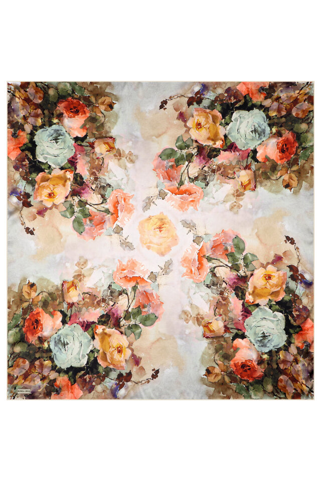 وشاح حريري سورا بنقشة زهرة الكاميليا الخضراء المائية - 3