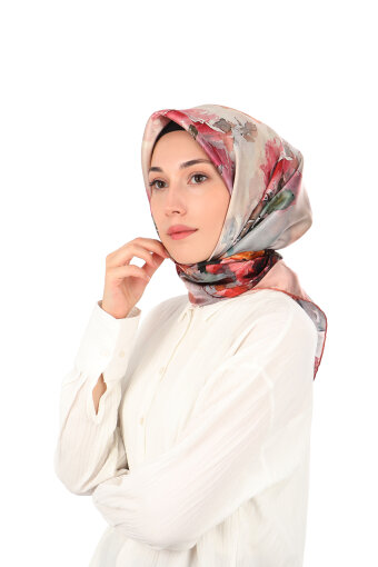 وشاح حريري سورا بنقشة الكاميليا السلمونية الداكنة 