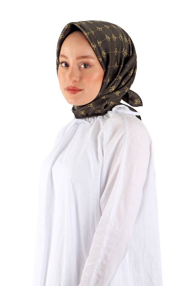 Acı Kahve Kelebek Monogram Twill İpek Eşarp - 2
