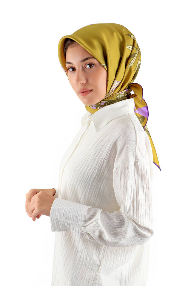 Acid Green Age Pattern Twill Silk Square Scarf - 2