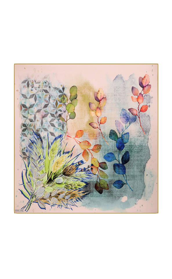 Acid Green Botanical Pattern Sura Silk Square Scarf - 1