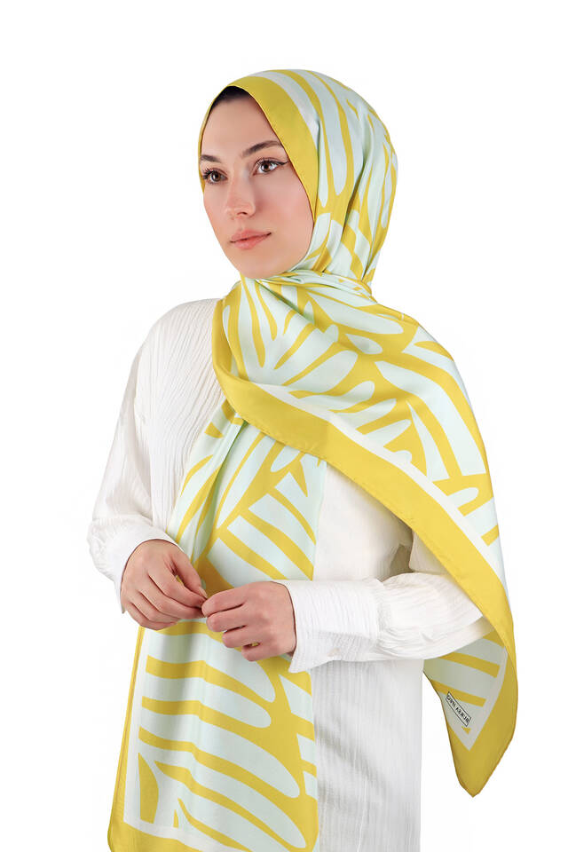 Acid Green Crop Pattern Twill Silk Scarf - 2