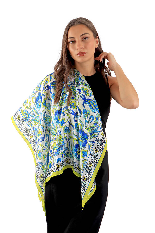 Acid Green Floral Pattern Voile Silk Square Scarf - 3