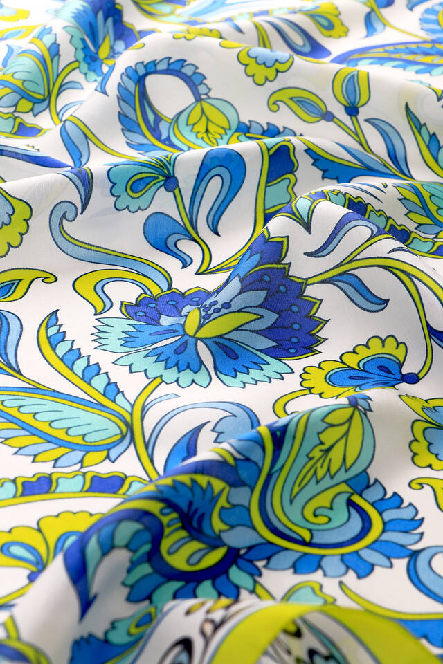 Acid Green Floral Pattern Voile Silk Square Scarf - 4