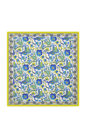 Acid Green Floral Pattern Voile Silk Square Scarf 