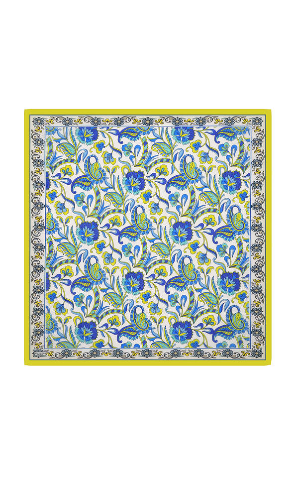 Acid Green Floral Pattern Voile Silk Square Scarf 