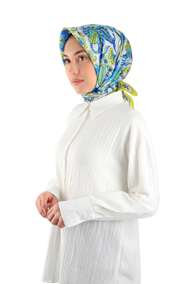 Acid Green Floral Pattern Voile Silk Square Scarf - 2