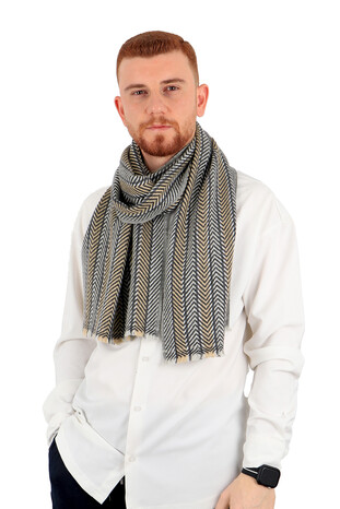 Anthracite Beige Patterned Men's Wool Scarf - Thumbnail