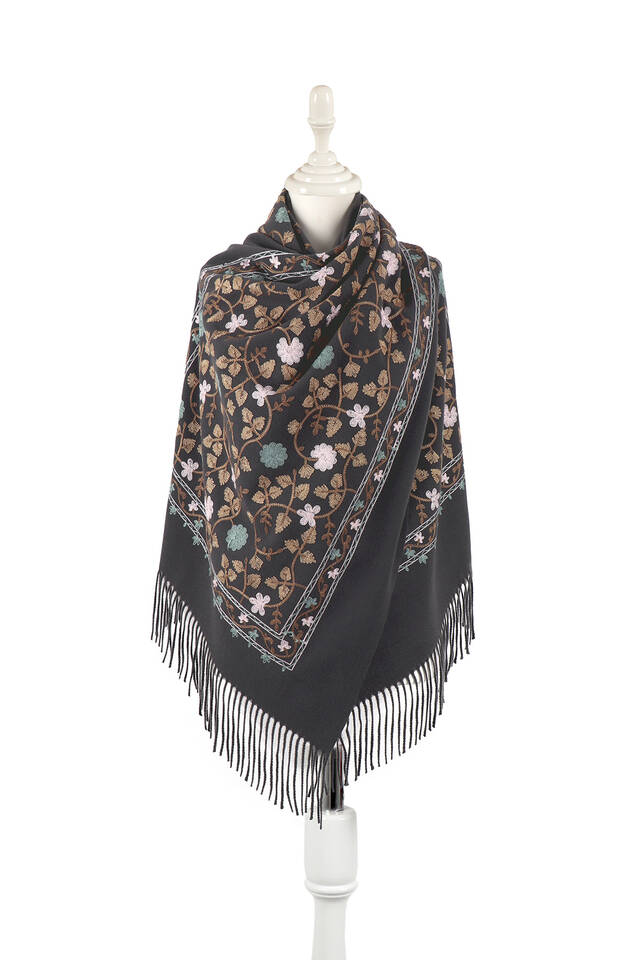 Anthracite Embroidered Winter Shawl - Bursa İpek