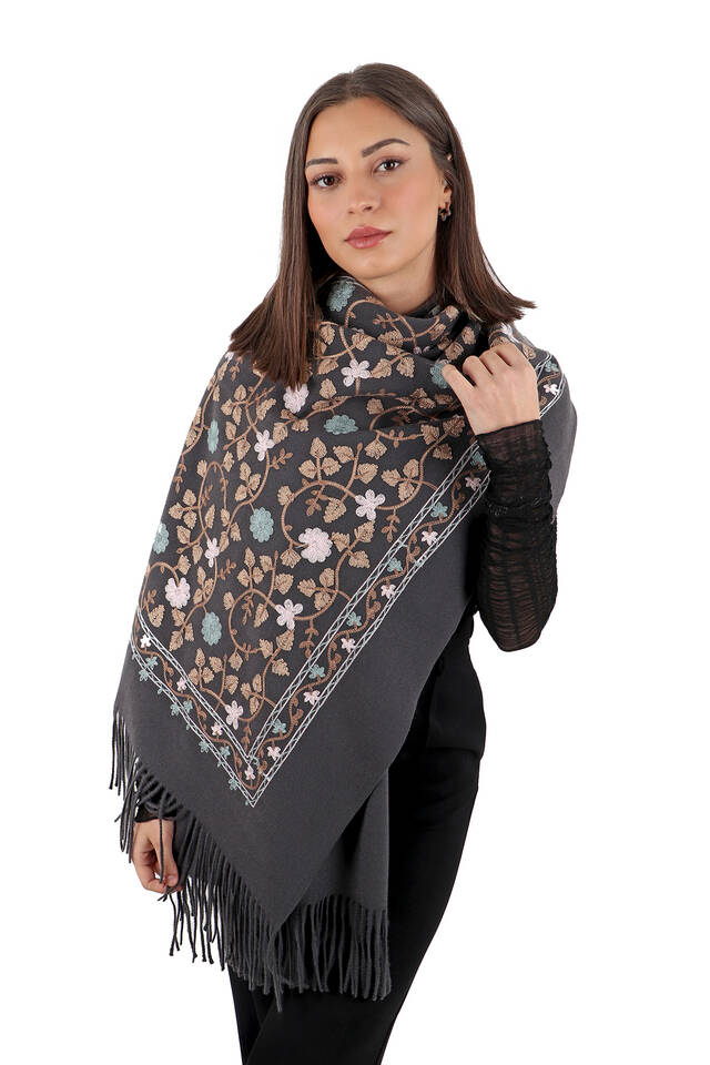 Anthracite Embroidered Winter Shawl - 2