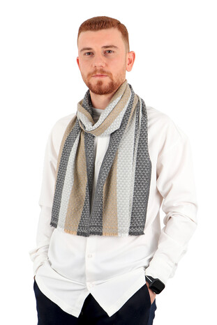 Anthracite Gray Patterned Men's Wool Scarf - Thumbnail