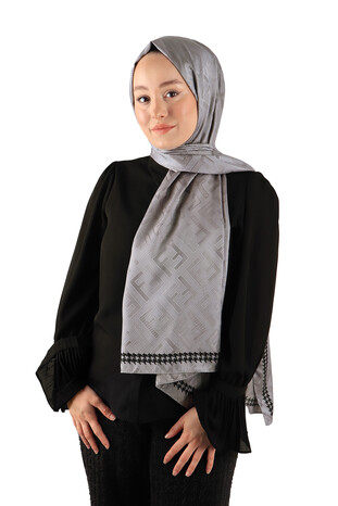 Anthracite Patterned Silky Scarf - Thumbnail