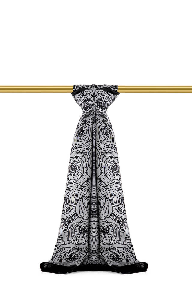 Anthracite Rosa Pattern Twill Silk Scarf - Bursa İpek