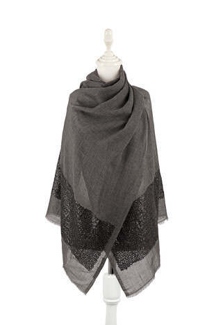 Anthracite Sequin Bordered Wool Shawl - Thumbnail