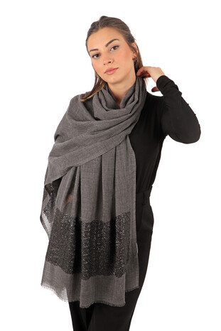 Anthracite Sequin Bordered Wool Shawl - Thumbnail