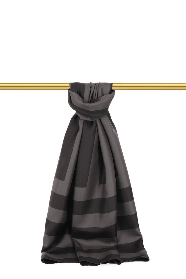 Anthracite Stripe Pattern Twill Silk Scarf - Bursa İpek