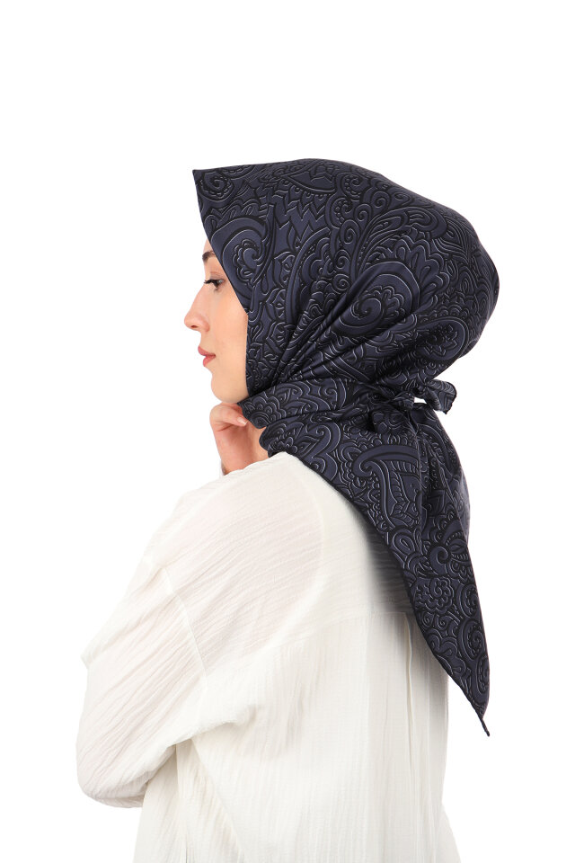 Dark Navy Art Pattern Twill Silk Scarf - 2