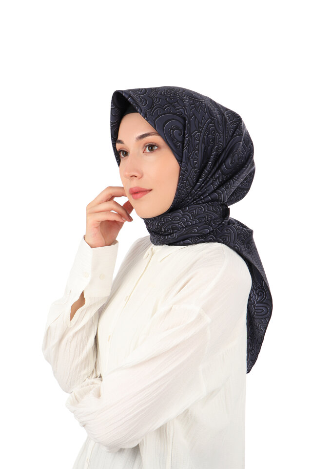 Dark Navy Art Pattern Twill Silk Scarf - Bursa İpek