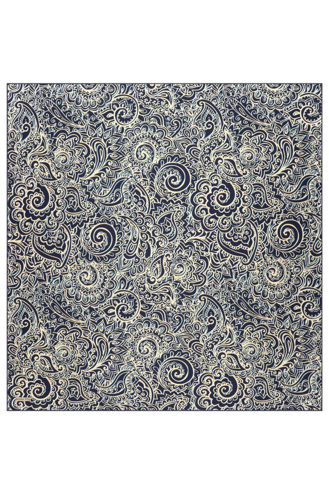 Navy Blue Art Pattern Twill Silk Scarf - 3