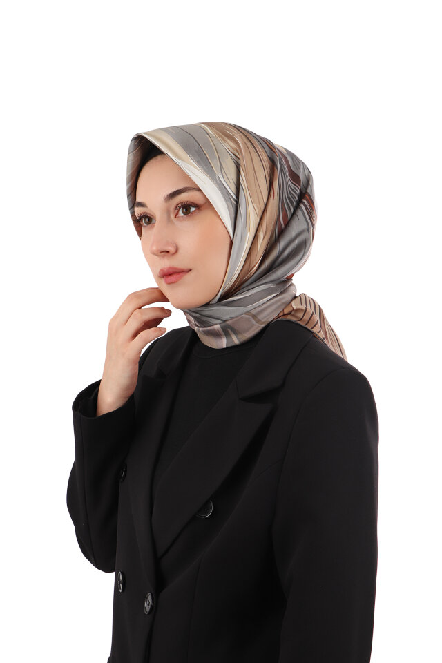 Kahverengi Arya Desen Twill İpek Eşarp - Bursa İpek