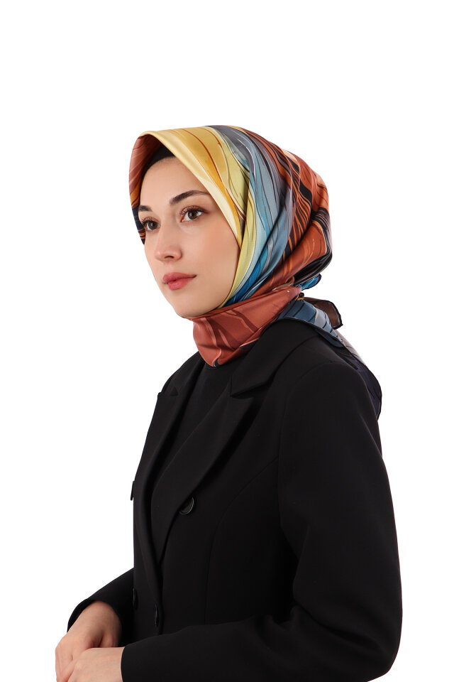 Navy Blue Arya Pattern Twill Silk Scarf - Bursa İpek