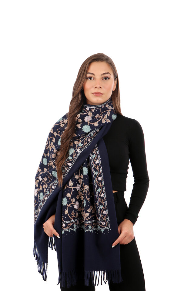 Navy Blue Stone Embroidered Winter Shawl - Bursa İpek