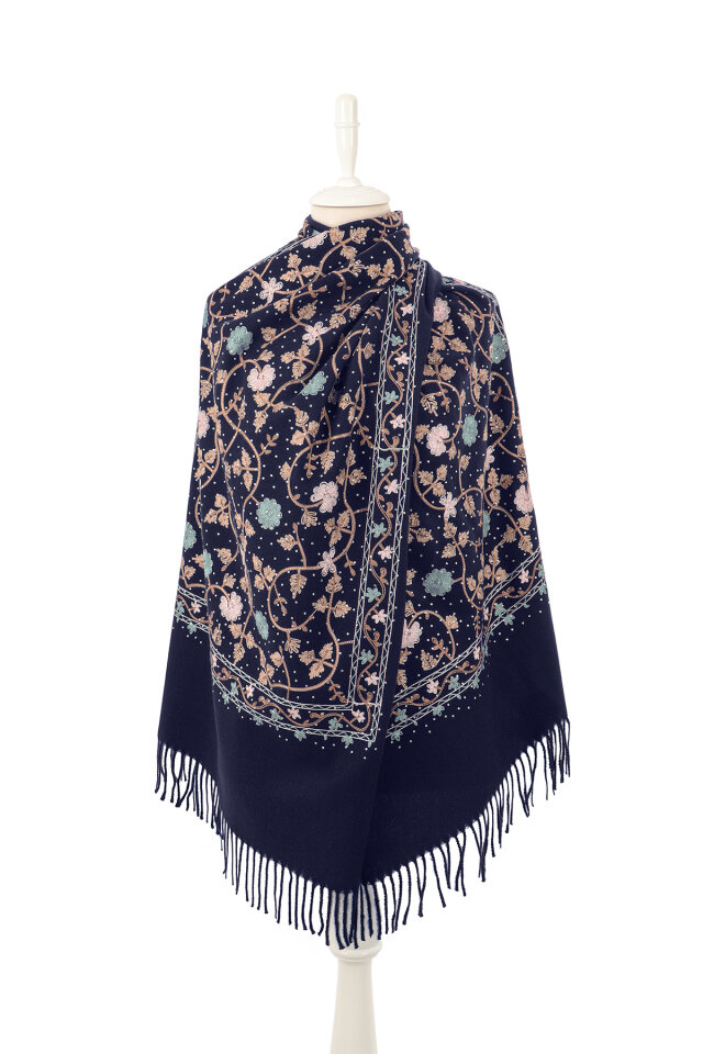 Navy Blue Stone Embroidered Winter Shawl - 2