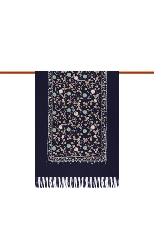 Navy Blue Stone Embroidered Winter Shawl - 3