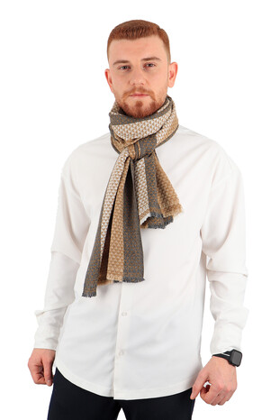 Beige Anthracite Patterned Men's Wool Scarf - Thumbnail