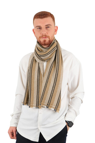 Beige Anthracite Patterned Men's Wool Scarf - Thumbnail