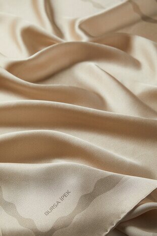 Beige Border Water Wave Silk Square Scarf - Thumbnail