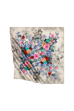 Beige Bouquet Pattern Silk Square Scarf - Thumbnail