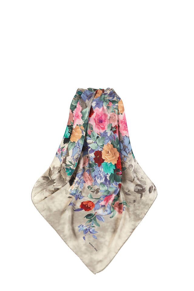 Beige Bouquet Pattern Silk Square Scarf - 3