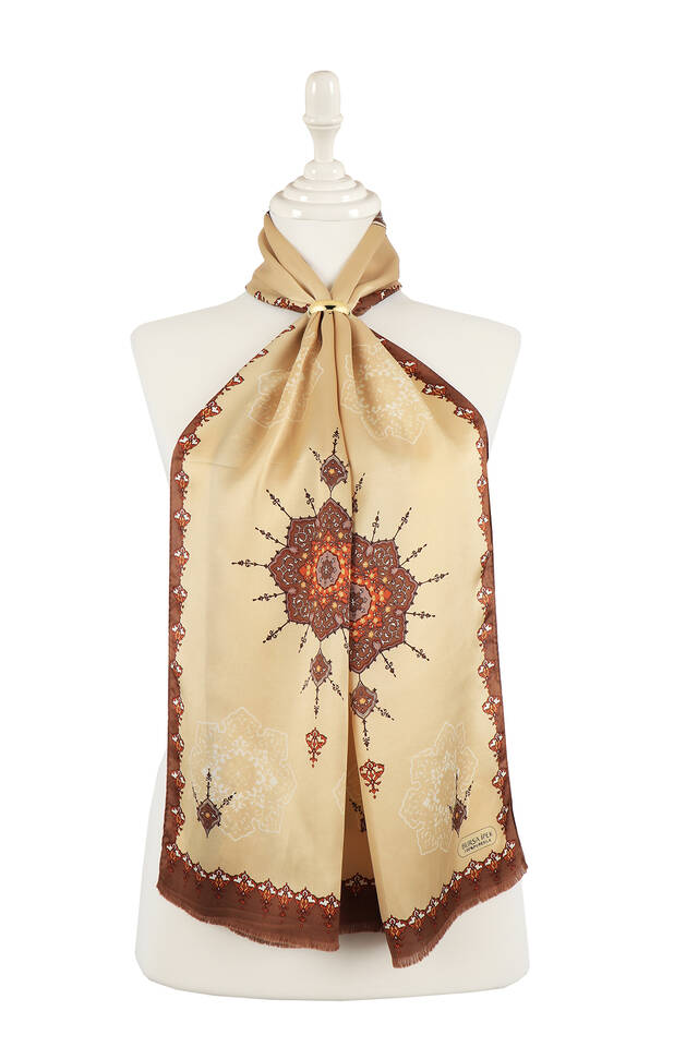 Beige Brown Belly Tight Silk Foulard - Bursa İpek