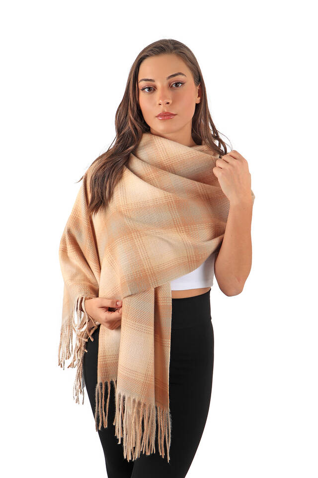 Beige Camel Patterned Winter Shawl - 2