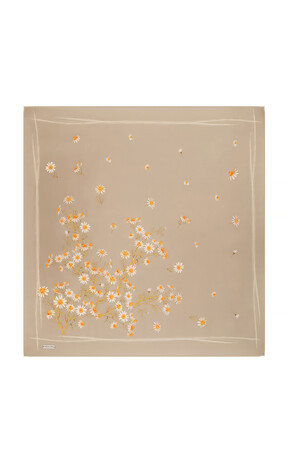 Beige Daisy Pattern Twill Silk Square Scarf 