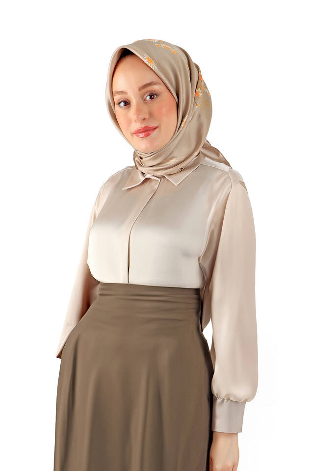 Beige Daisy Pattern Twill Silk Square Scarf - 2