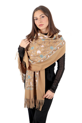 Beige Embroidered Winter Shawl - Thumbnail