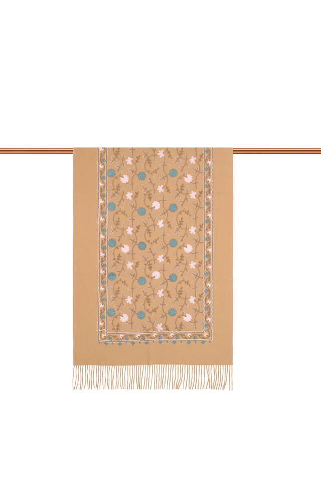 Beige Embroidered Winter Shawl - 3