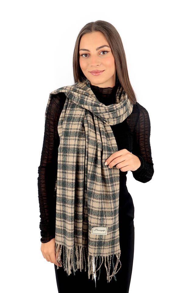 Beige Green Plaid Pattern Winter Shawl - 2