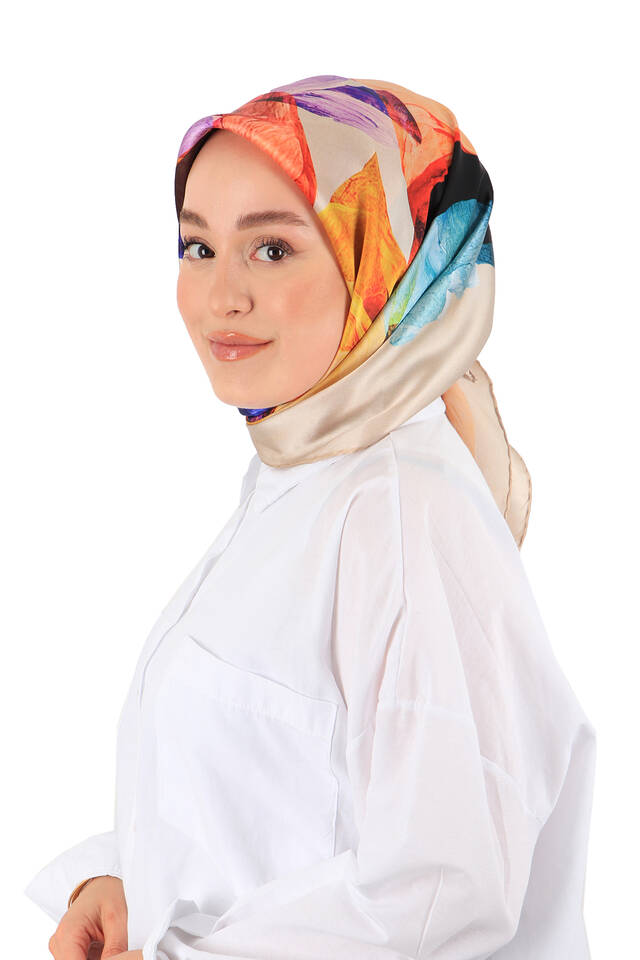 Beige Harmony Pattern Sura Silk Square Scarf - 2