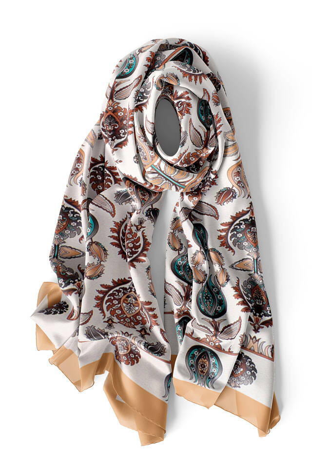 Beige Iznik Pattern Silk Foulard - 3