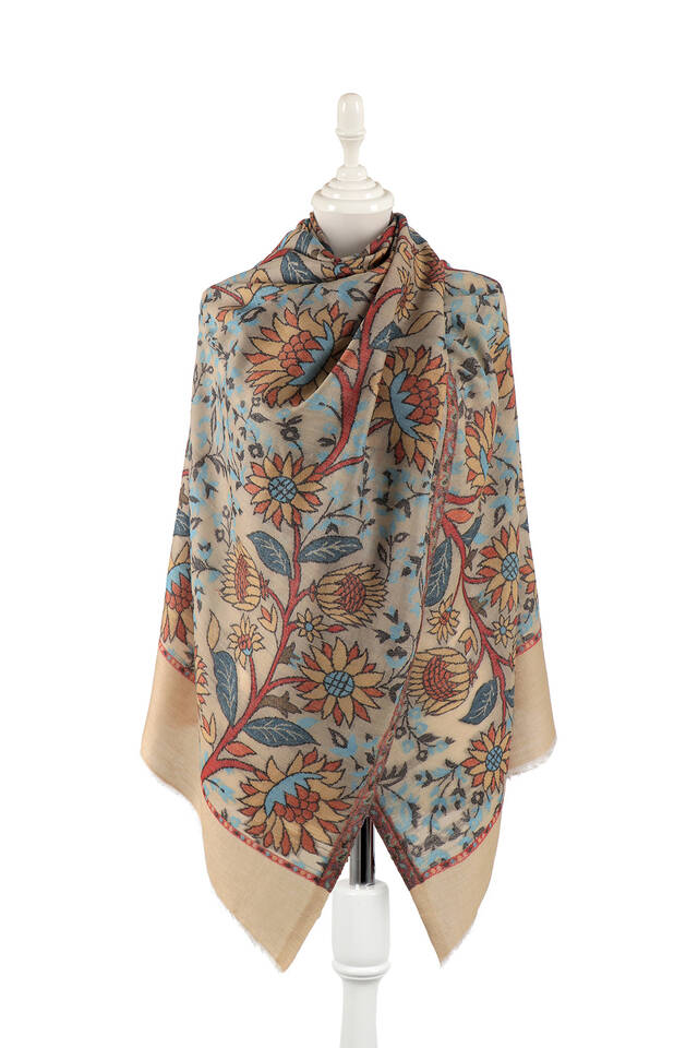 Beige Jacquard Patterned Wool Shawl - Bursa İpek