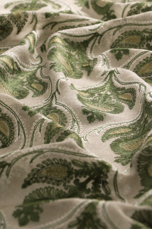 Beige Khaki Suzani Embroidered Wool Silk Shawl - Thumbnail