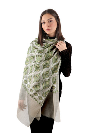 Beige Khaki Suzani Embroidered Wool Silk Shawl - Thumbnail