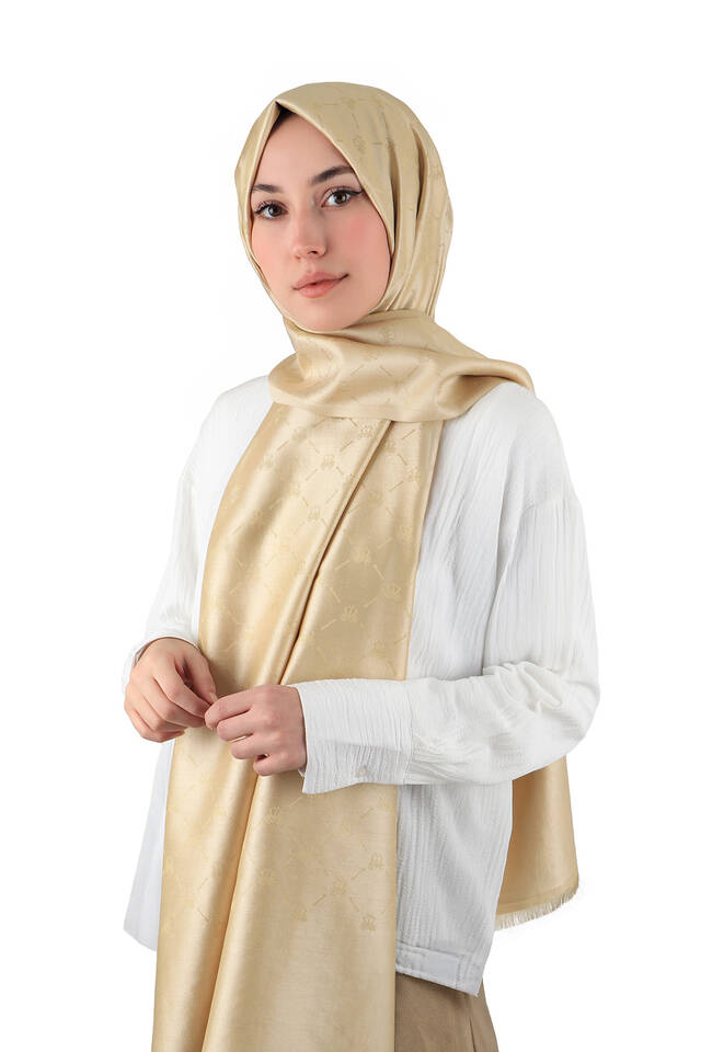 Beige Monogram Pattern Jacquard Silk Scarf - 2