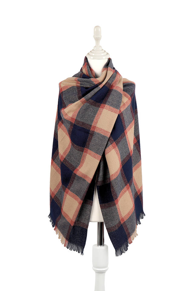 Beige Navy Blue Plaid Pattern Winter Shawl - Bursa İpek